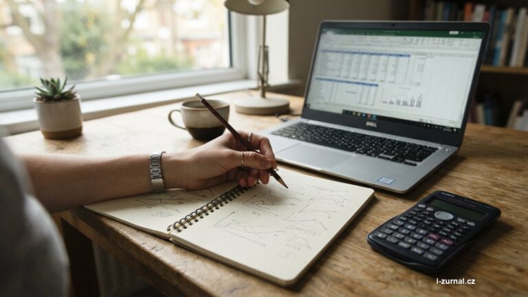 Kalkulačka, sešit s grafy a notebook s tabulkou na stole