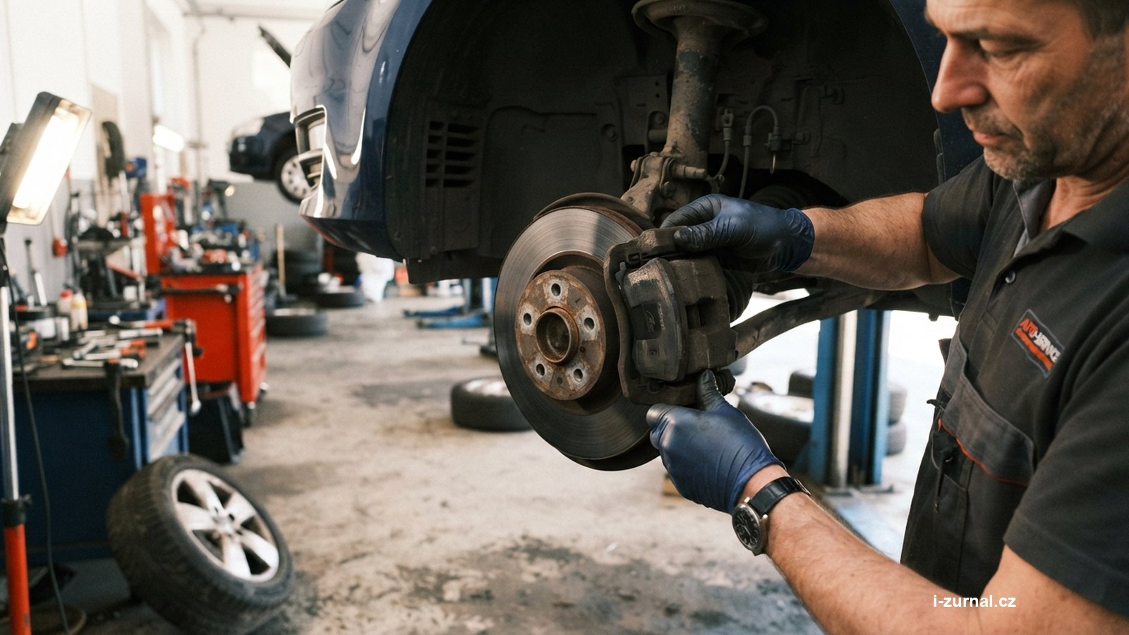 Mechanik vyjímá brzdovou destičku z odkrytého třmenu