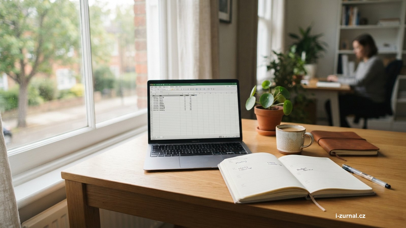 Pracovní stůl s notebookem a diářem při plánování peněžních toků firmy