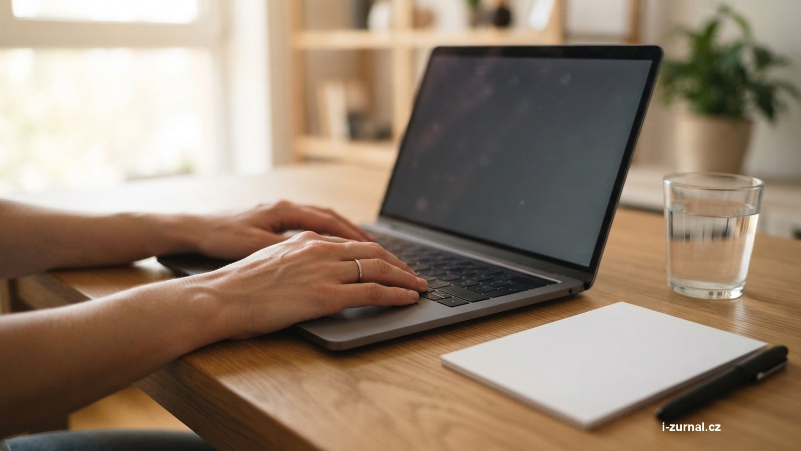Ruce nad notebookem s otevřenou tabulkou na pracovním stole