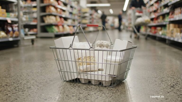 Nákupní košík s několika položkami v obchodě