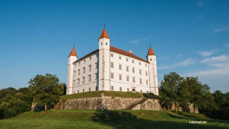 Bílý Bratislavský hrad s věžemi v rozích na terase nad městem