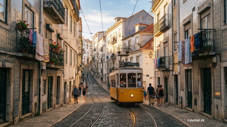 Historická tramvaj ve strmé uličce v Lisabonu