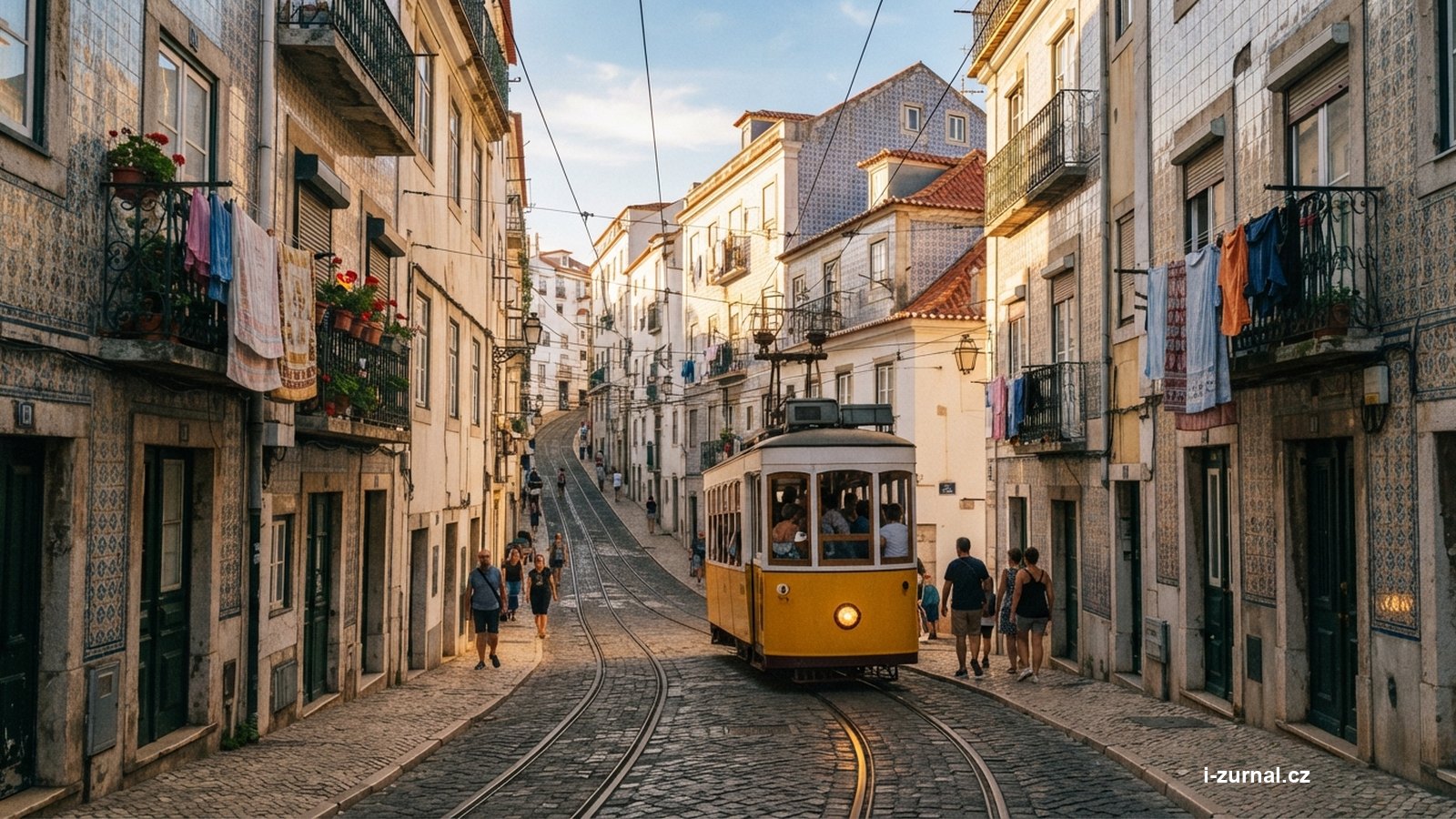 Historická tramvaj ve strmé uličce v Lisabonu