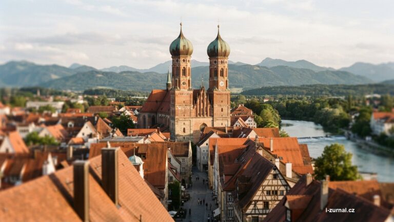 Věže mnichovské Frauenkirche nad střechami historického jádra