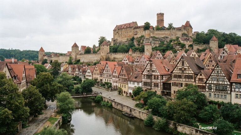 Hrázděné domy podél řeky Pegnitz v Norimberku s císařským hradem nad nimi