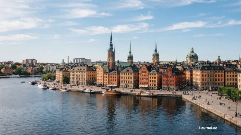 Staré město Stockholmu viděné přes vodní hladinu