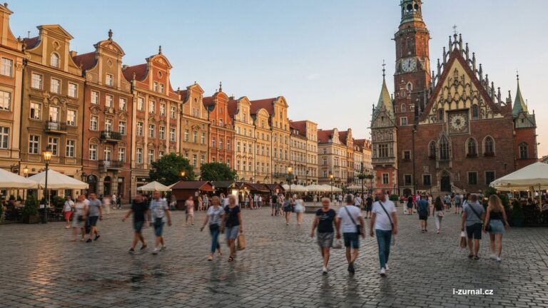 Barevné domy na vratislavském náměstí Rynek s gotickou radnicí