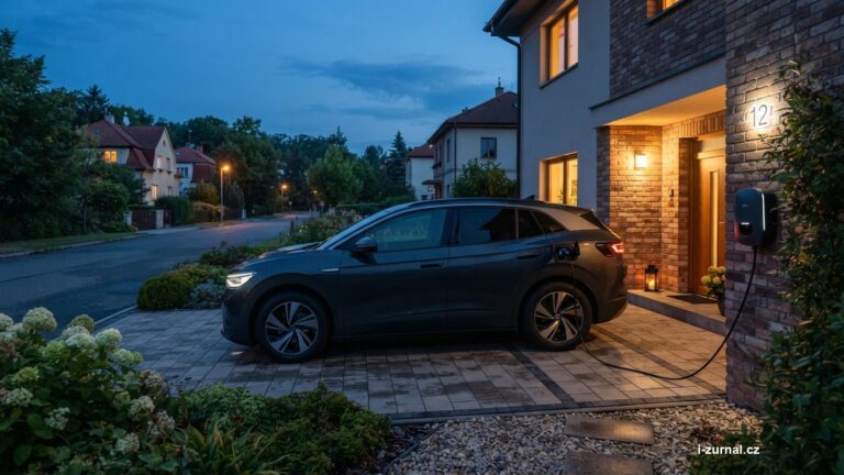 Osobní auto s připojeným nabíjecím kabelem u domu