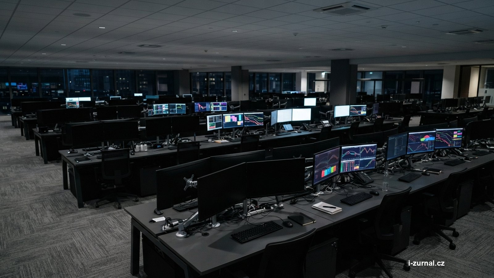 Obchodní sál s řadou monitorů a tlumeným osvětlením