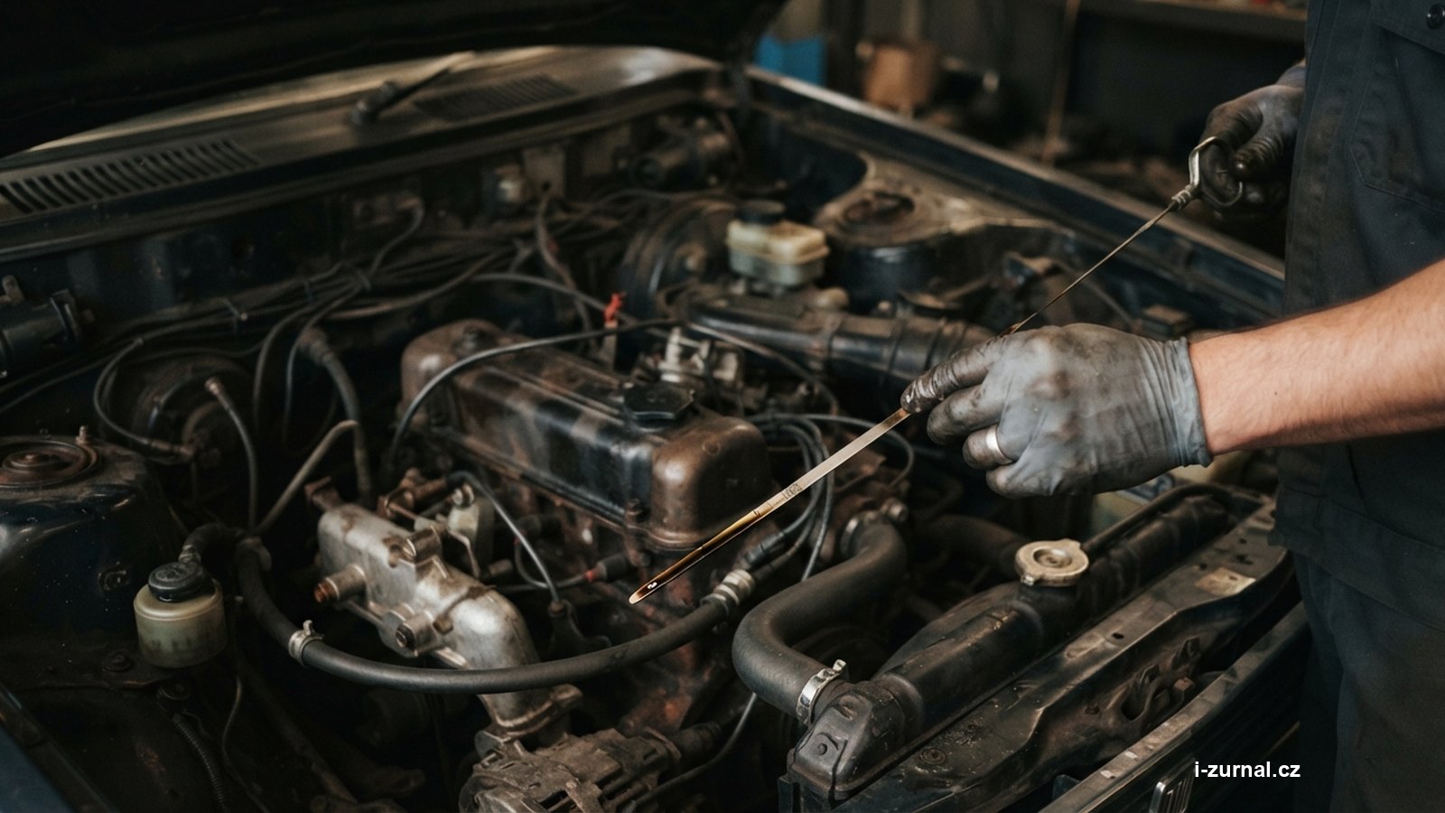 Kontrola hladiny motorového oleje měrkou v motorovém prostoru