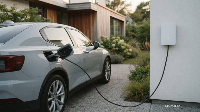 Nabíjecí kabel zapojený do elektromobilu stojícího u domu