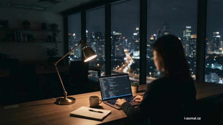 Rozsvícená lampa a notebook ve večerní kanceláři jako ilustrace práce přesčas