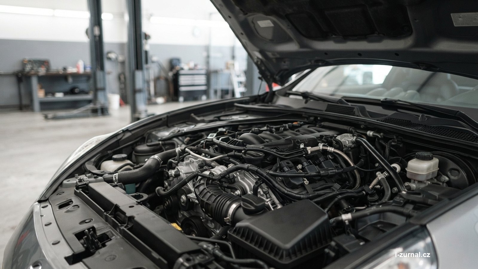 Otevřená kapota auta s motorovým prostorem a rozvody