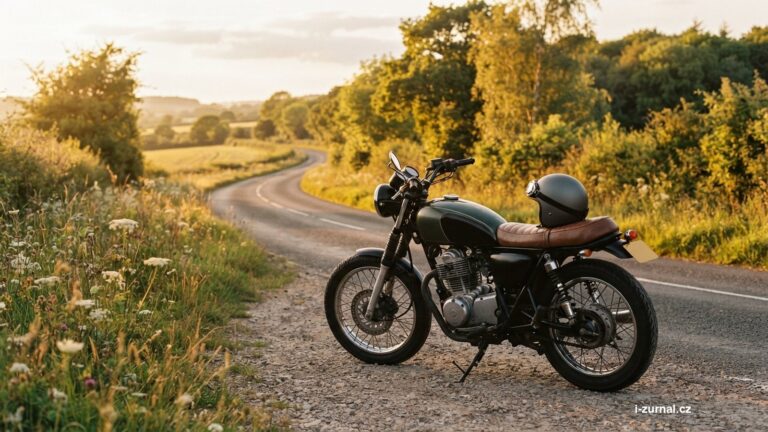 Motocykl s přilbou položenou na sedle na prázdné silnici