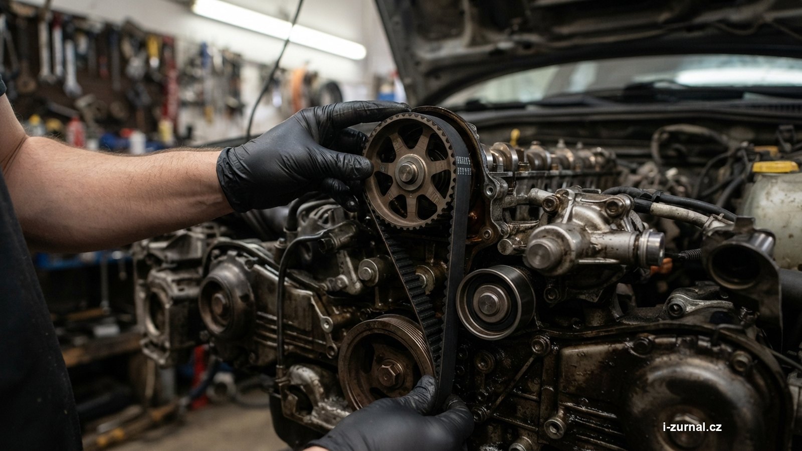 Mechanik drží nový rozvodový řemen u otevřeného motoru