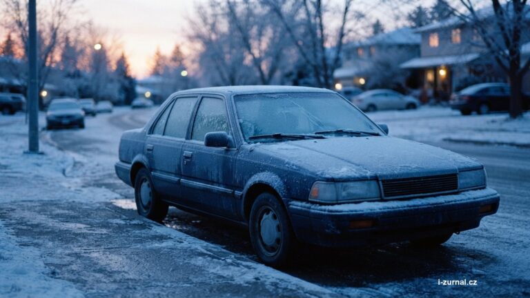 Zasněžené auto brzy ráno v mrazu