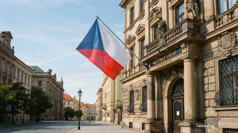 Česká vlajka před historickou budovou ve sváteční den