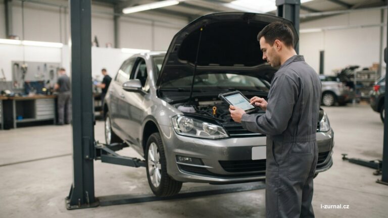 Mechanik s tabletem kontroluje vozidlo v servisní dílně