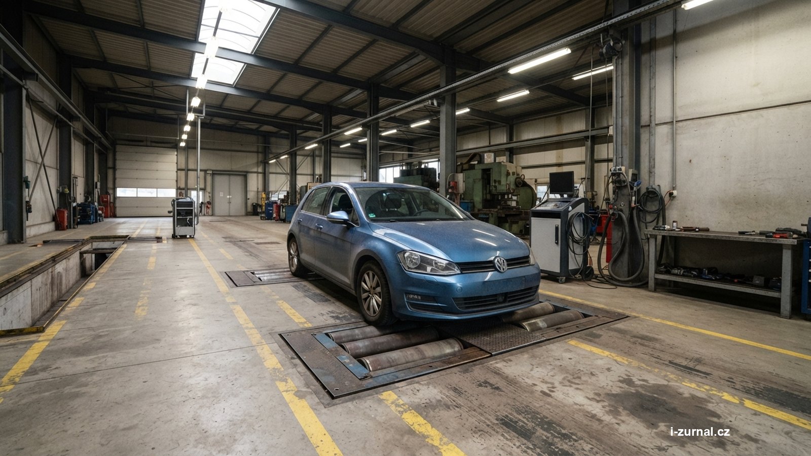 Osobní automobil na kontrolní lince stanice technické kontroly