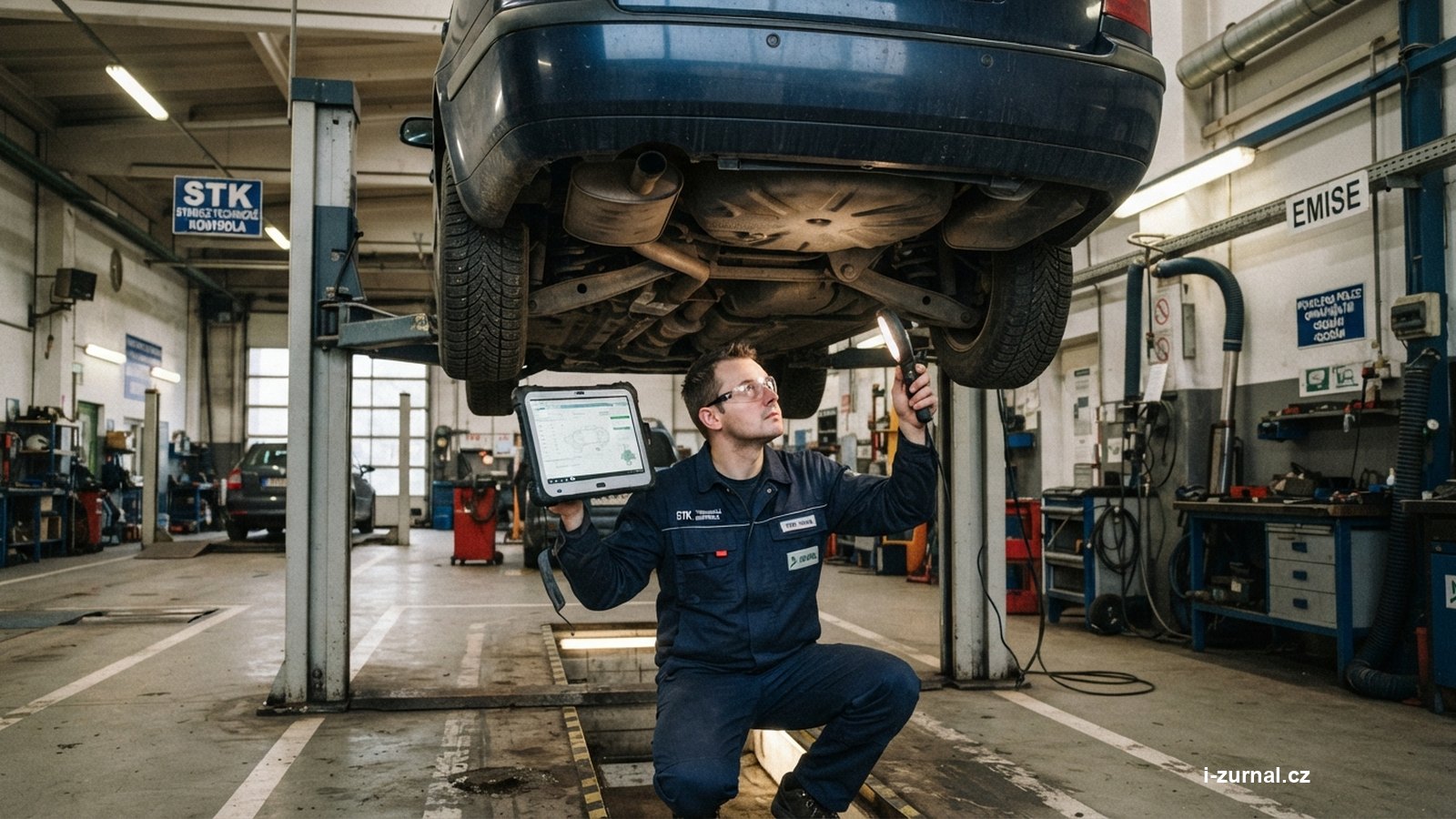 Technik kontroluje podvozek auta na zvedáku ve stanici technické kontroly