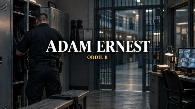 AI ilustrace anonymní postavy dozorce v zázemí věznice s vystředěnými titulky Adam Ernest a Oddíl B; nejde o podobu herce