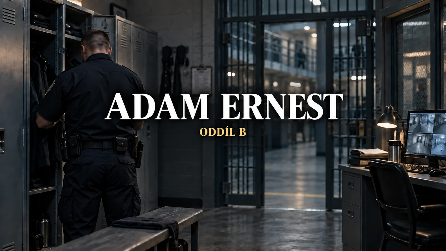 AI ilustrace anonymní postavy dozorce v zázemí věznice s vystředěnými titulky Adam Ernest a Oddíl B; nejde o podobu herce
