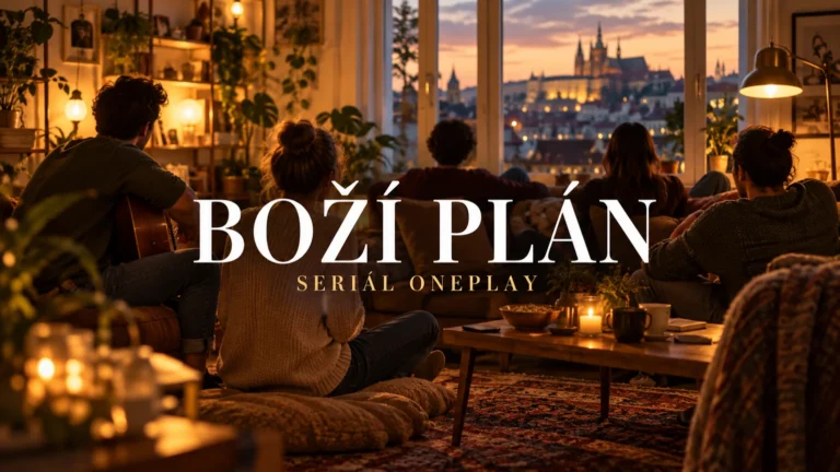 AI ilustrace anonymní skupiny ve sdíleném bytě s vystředěným titulkem Boží plán a malým podtitulem Seriál Oneplay; nejde o oficiální záběr