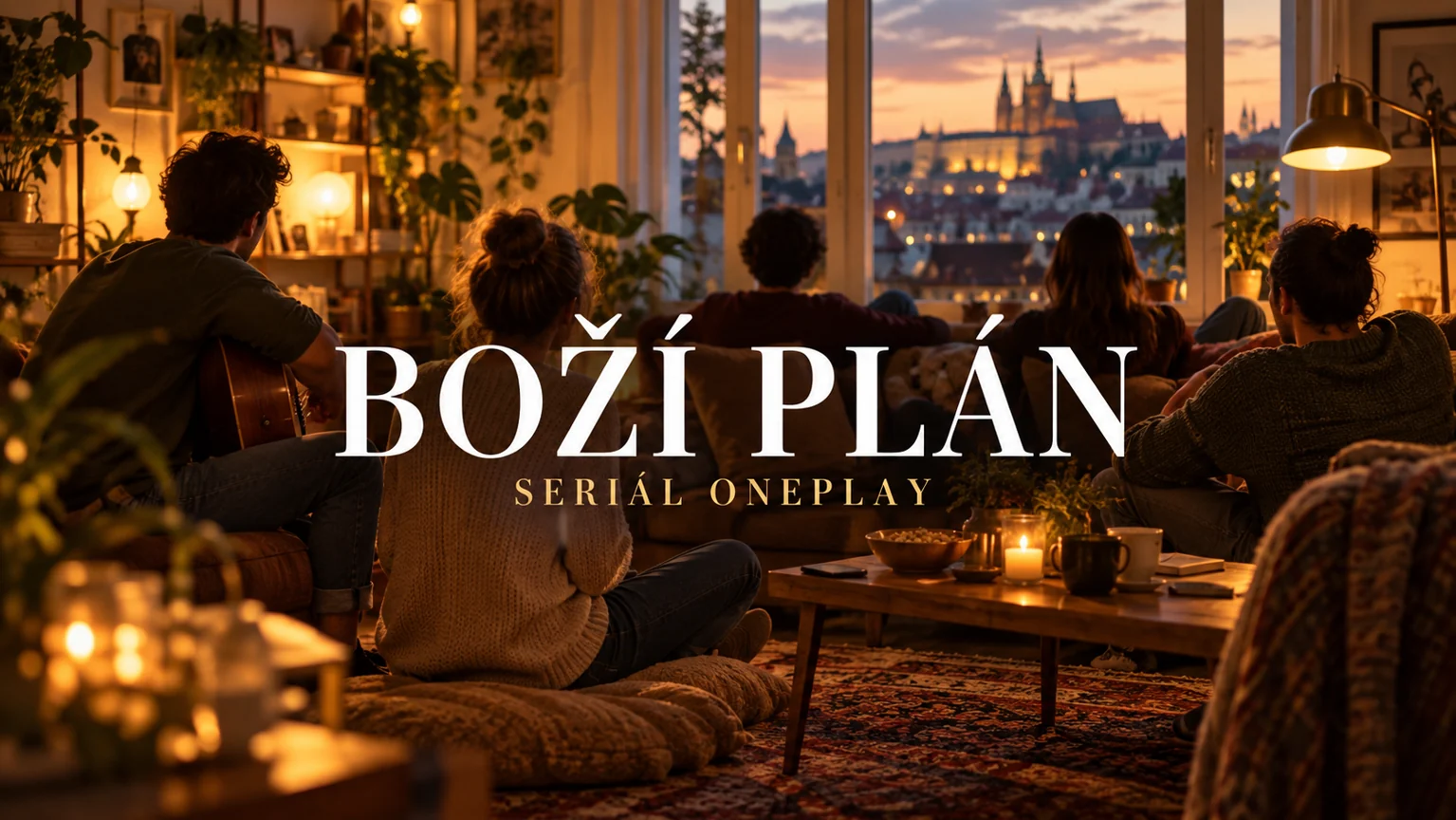 AI ilustrace anonymní skupiny ve sdíleném bytě s vystředěným titulkem Boží plán a malým podtitulem Seriál Oneplay; nejde o oficiální záběr
