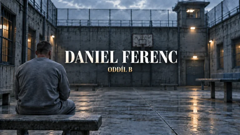 AI ilustrace anonymní postavy na vězeňském dvoře s vystředěnými titulky Daniel Ferenc a Oddíl B; nejde o podobu komika