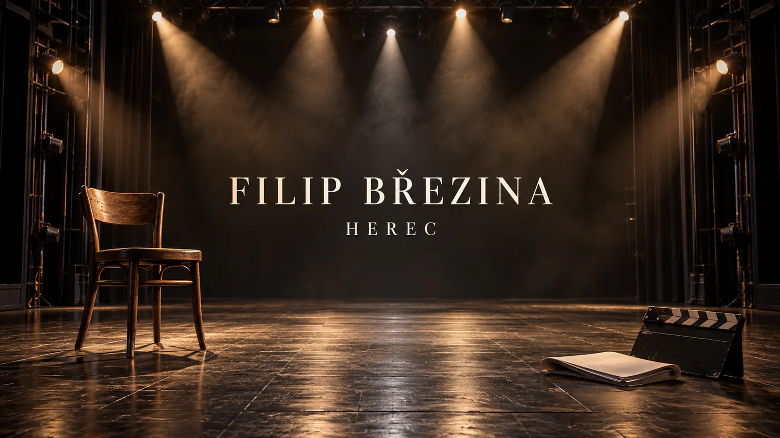 Redakční AI ilustrace prázdného jeviště se jménem Filip Březina a malým označením Herec; bez vyobrazení osoby