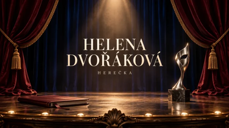 Redakční AI ilustrace prázdného divadelního jeviště se jménem Helena Dvořáková a malým označením Herečka; bez vyobrazení osoby