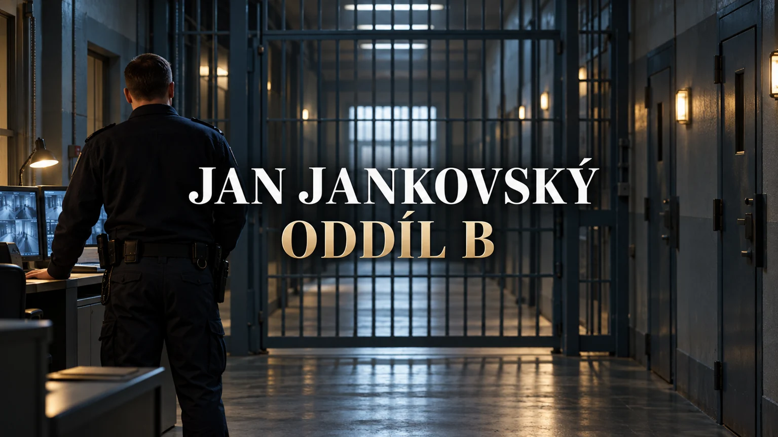 AI ilustrace anonymní postavy dozorce s vystředěnými titulky Jan Jankovský a Oddíl B; nejde o podobu herce