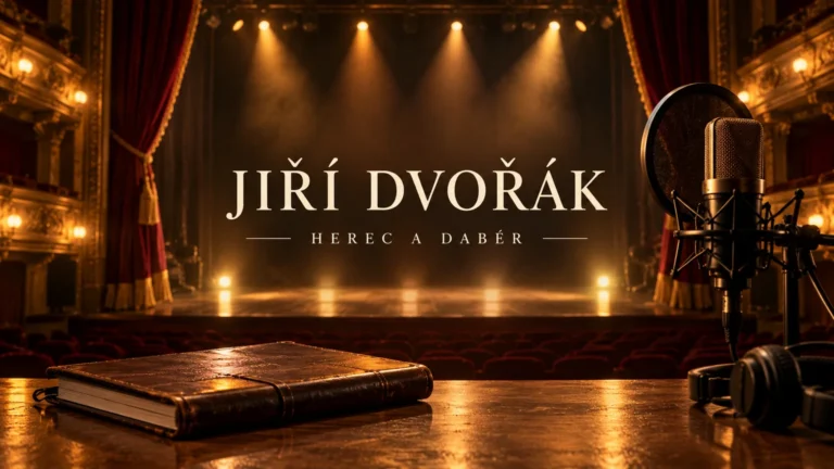 Redakční AI ilustrace prázdného divadla a studiového mikrofonu se jménem Jiří Dvořák; bez vyobrazení osoby