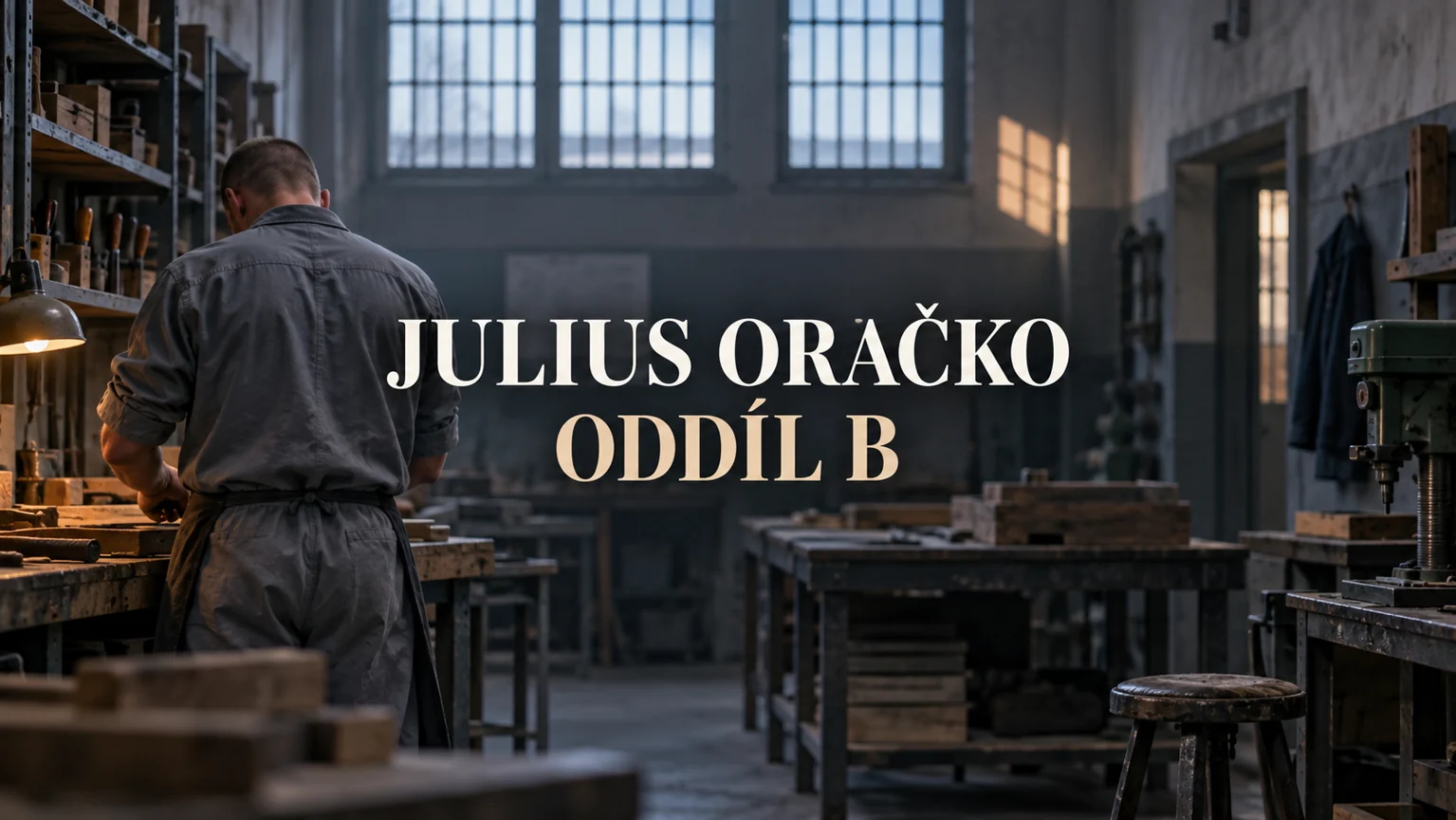 AI ilustrace anonymní postavy ve vězeňské dílně s vystředěnými titulky Julius Oračko a Oddíl B; nejde o podobu herce
