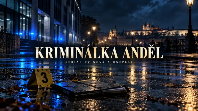 Redakční AI ilustrace noční Prahy a policejního spisu s názvem Kriminálka Anděl; bez vyobrazení herců