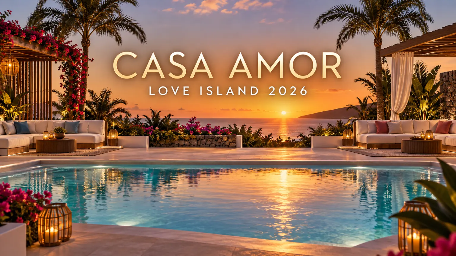 AI ilustrace prázdné vily s titulky Casa Amor a Love Island 2026; nejde o skutečné místo natáčení
