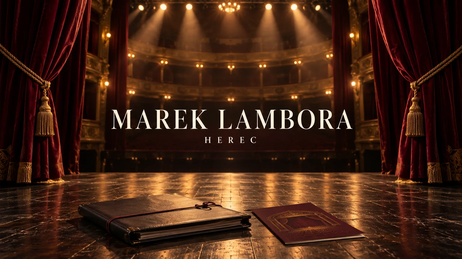 Redakční AI ilustrace prázdného divadelního jeviště se jménem Marek Lambora a malým označením Herec; bez vyobrazení osoby