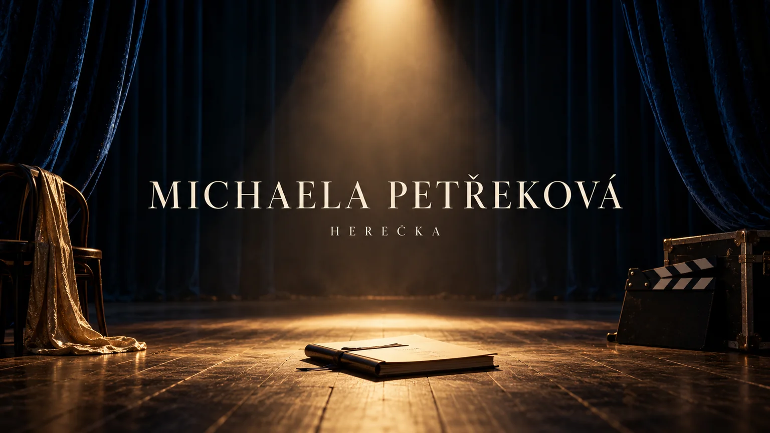 Redakční AI ilustrace prázdného jeviště se jménem Michaela Petřeková a malým označením Herečka; bez vyobrazení osoby