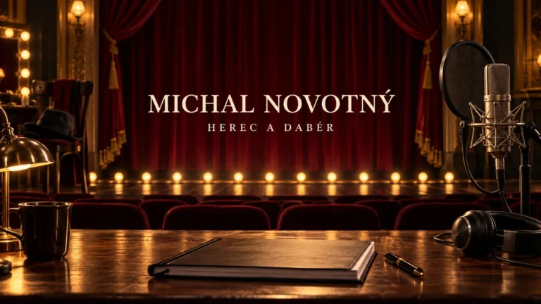Redakční AI ilustrace prázdného divadla a dabingového mikrofonu se jménem Michal Novotný; bez vyobrazení osoby