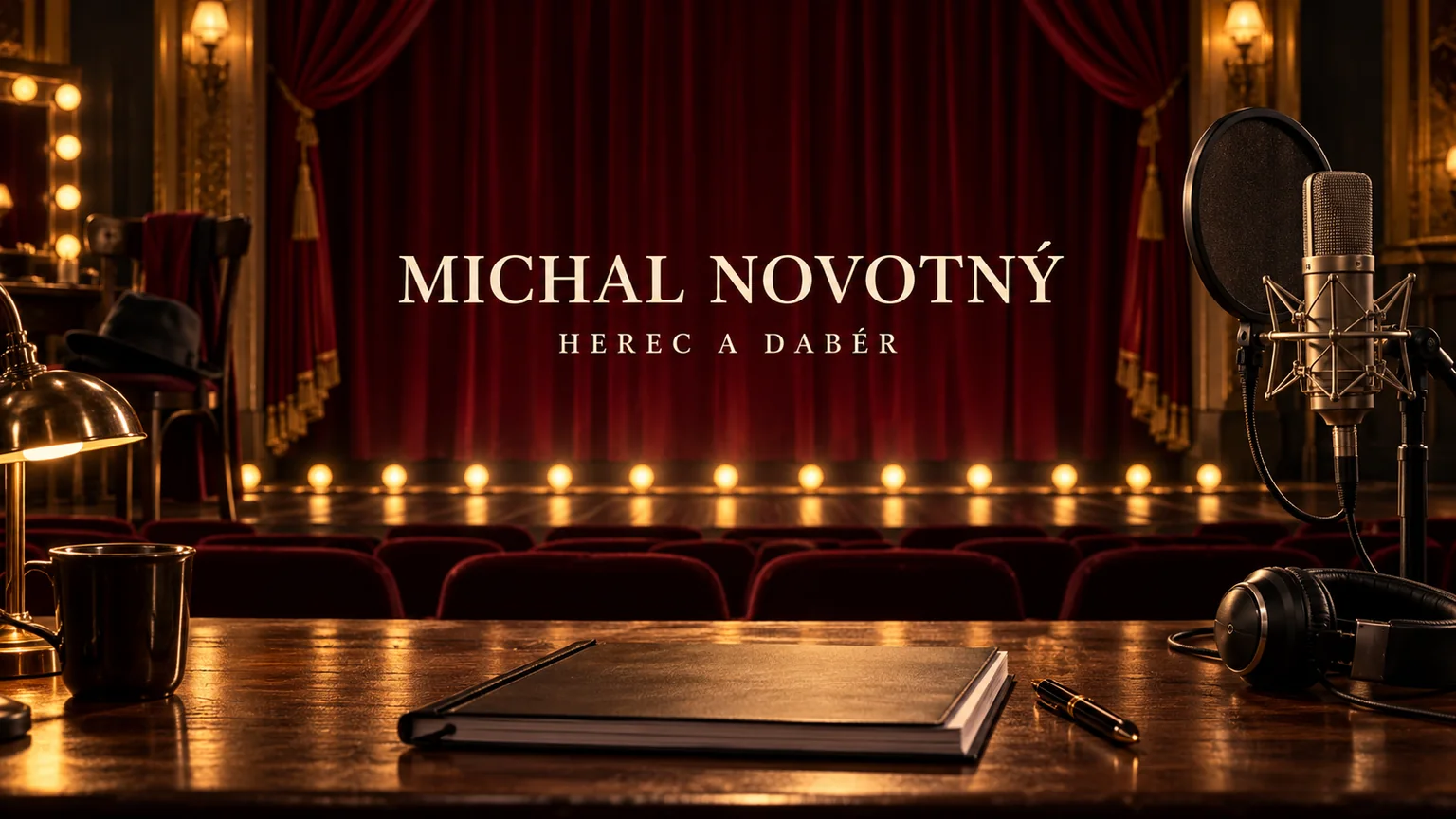 Redakční AI ilustrace prázdného divadla a dabingového mikrofonu se jménem Michal Novotný; bez vyobrazení osoby