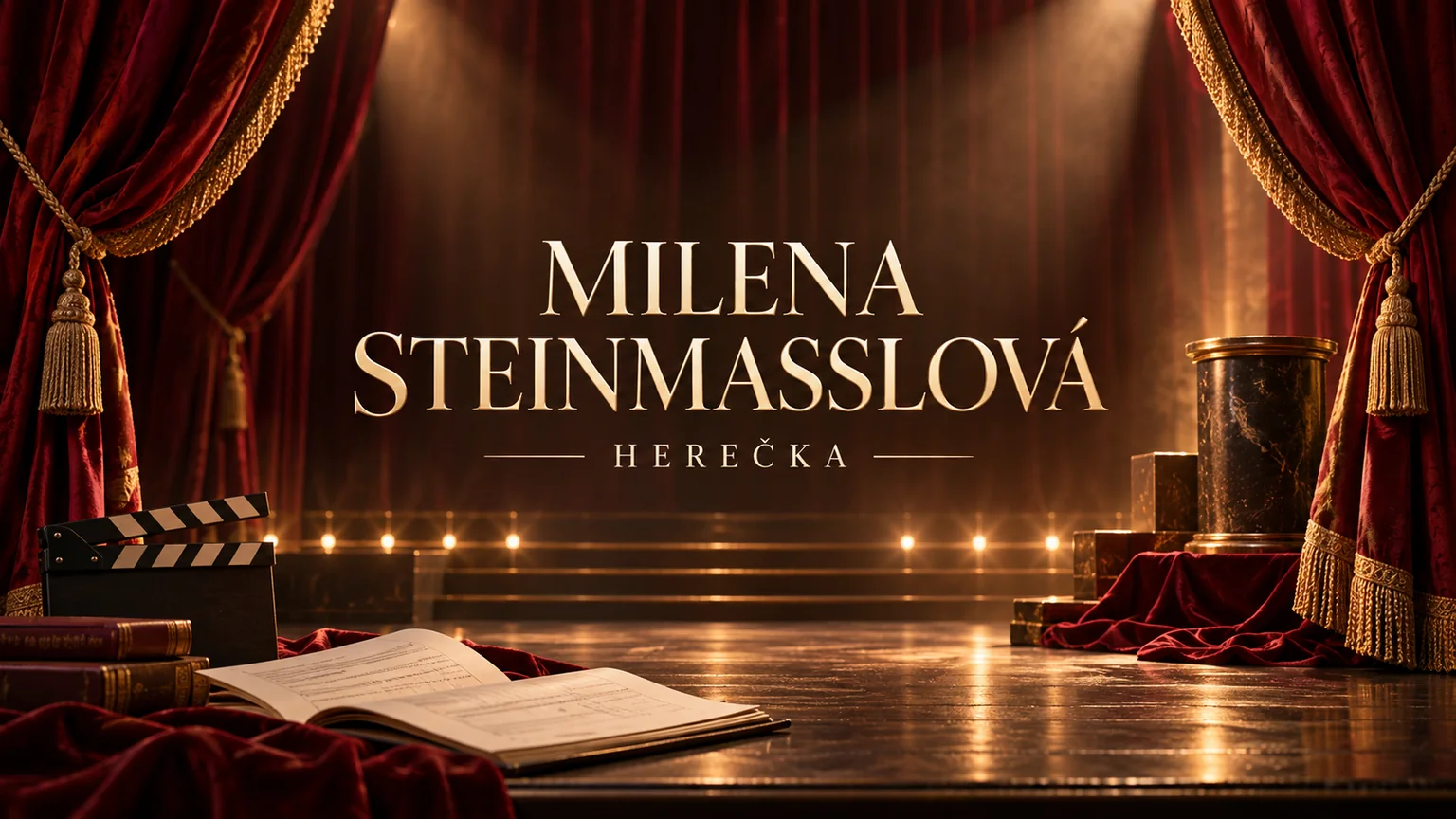 Redakční AI ilustrace prázdného divadelního jeviště, scénáře a klapky se jménem Milena Steinmasslová; bez vyobrazení skutečné osoby