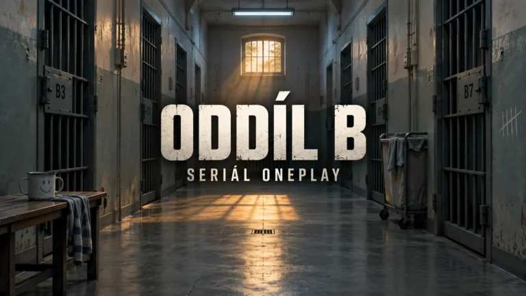 AI ilustrace vězeňské chodby s titulky Oddíl B a Seriál Oneplay; nejde o záběr ze seriálu