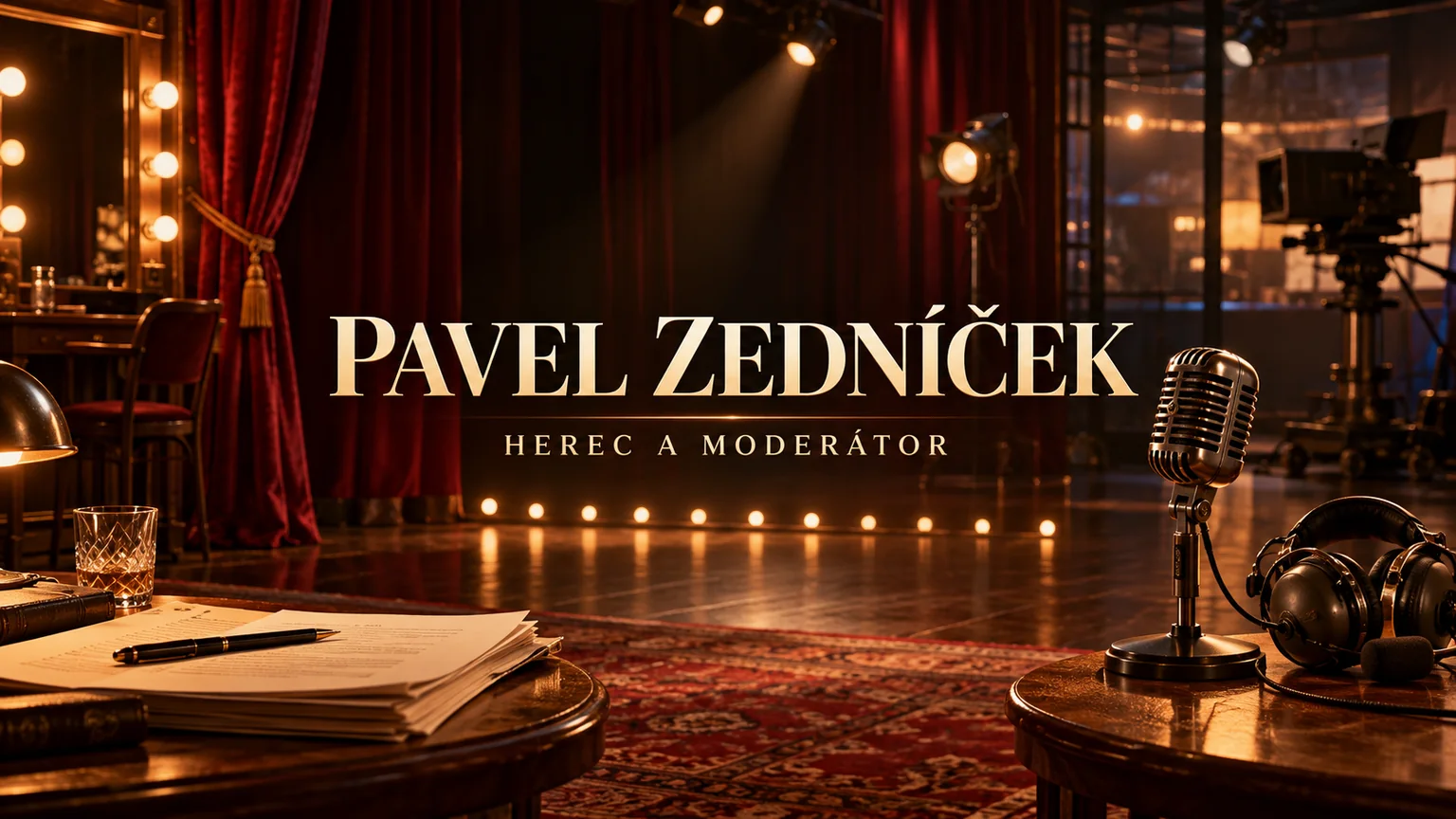 Redakční AI ilustrace prázdného divadla a televizního studia se jménem Pavel Zedníček; bez vyobrazení skutečné osoby