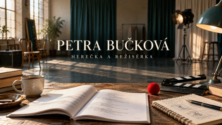 Redakční AI ilustrace prázdné divadelní zkušebny, scénáře a klapky se jménem Petra Bučková; bez vyobrazení skutečné osoby