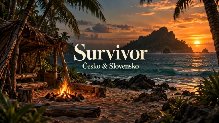 AI ilustrace tropického ostrova s nápisem Survivor Česko & Slovensko