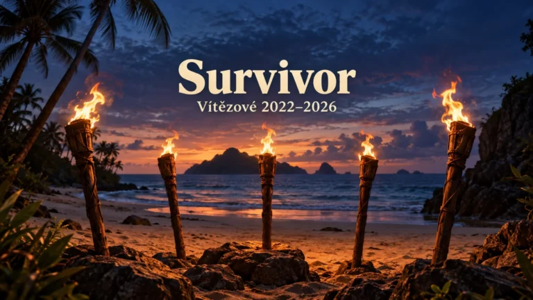 AI ilustrace tropického ostrova s nápisem Survivor a pěti pochodněmi pro přehled vítězů