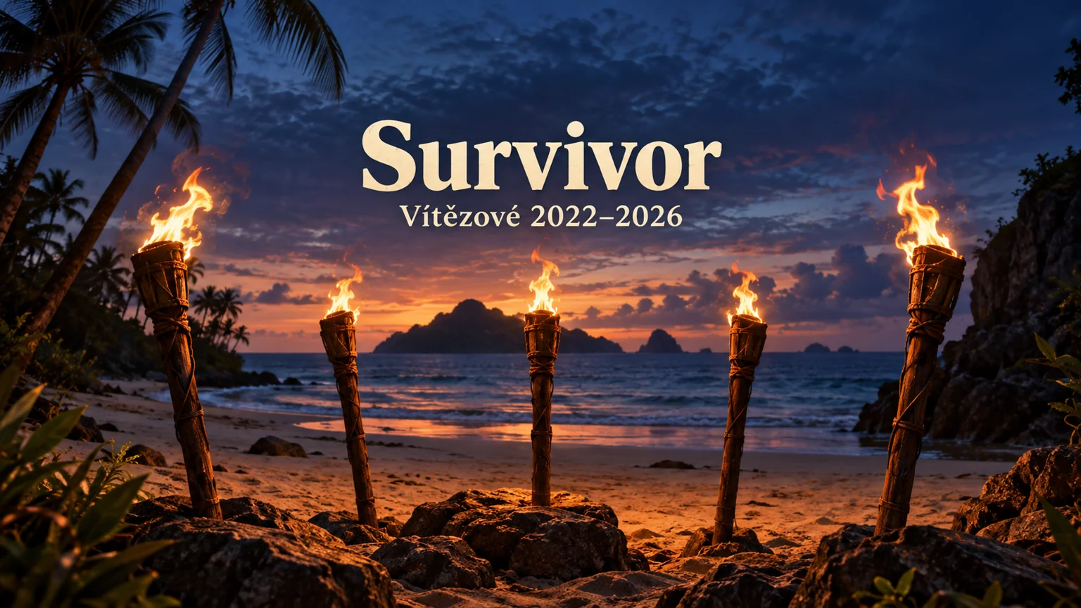 AI ilustrace tropického ostrova s nápisem Survivor a pěti pochodněmi pro přehled vítězů