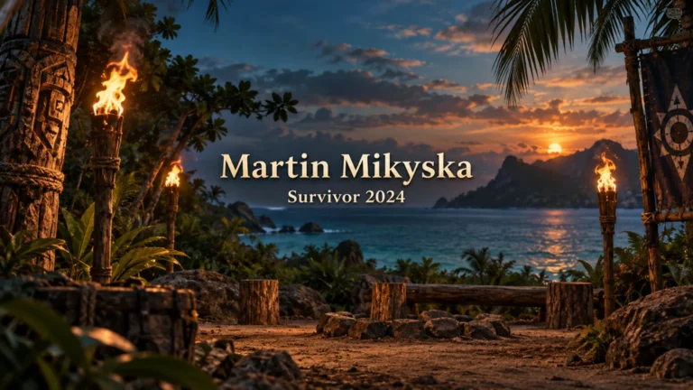 AI ilustrace tropického ostrova se jménem Martin Mikyska a nápisem Survivor 2024