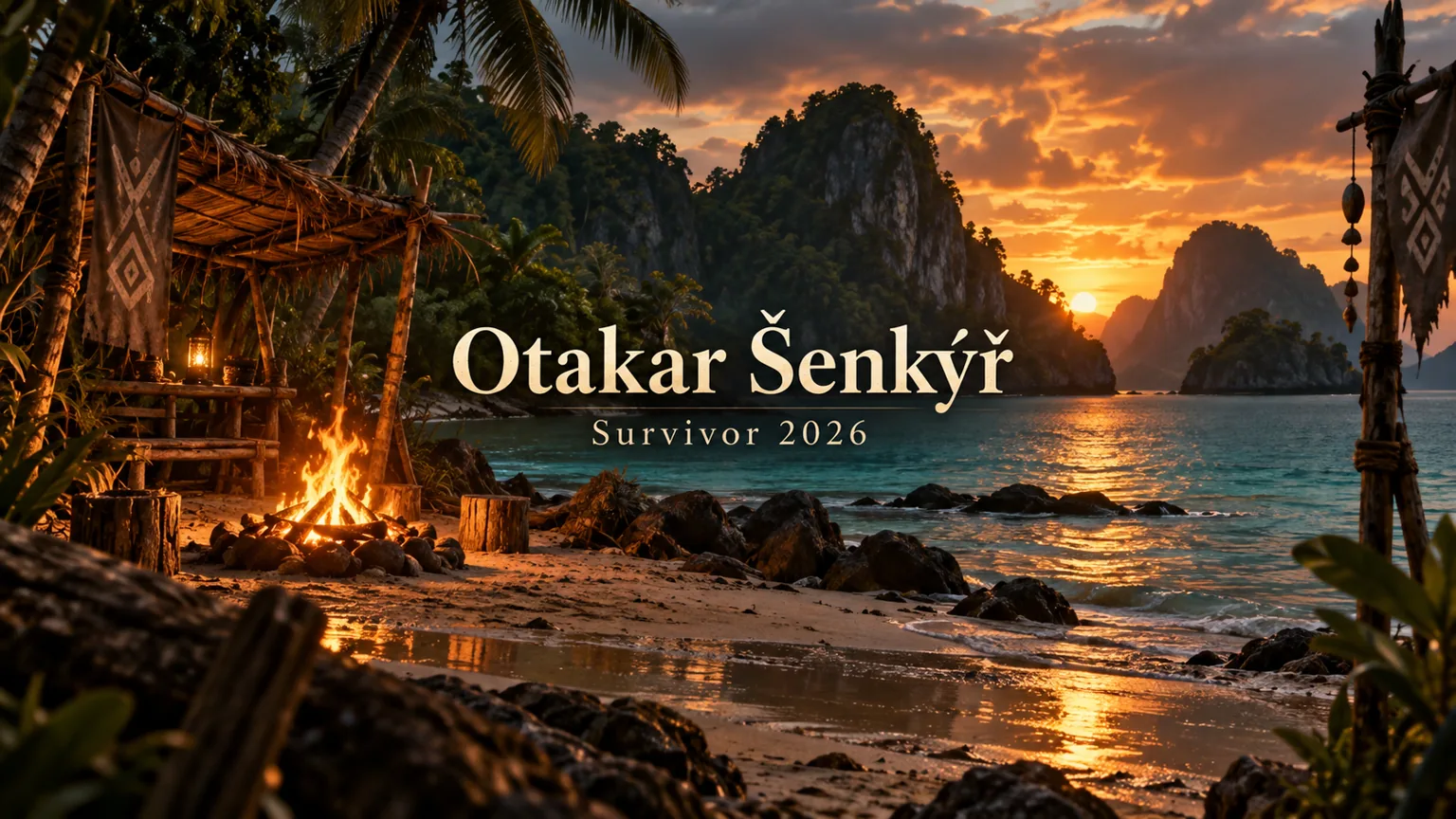AI ilustrace tropického ostrova se jménem Otakar Ĺ enkýř a nápisem Survivor 2026